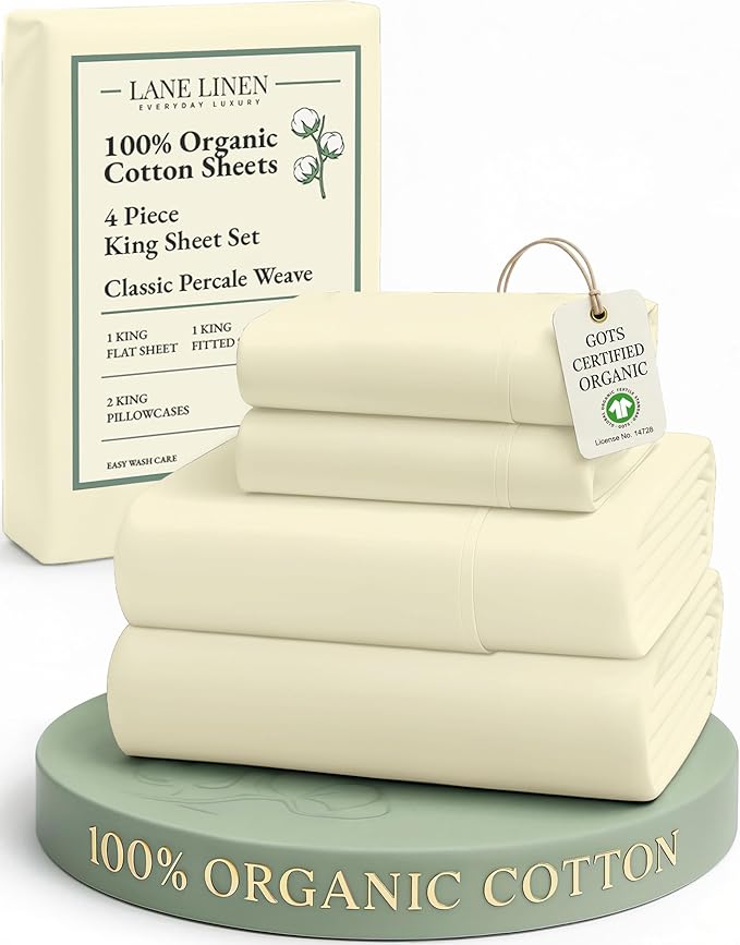 LANE LINEN 100% Organic Cotton King Size Bed Sheets, All Season Soft & Comfy Fully Elasticized Mercized Cotton King Sheets, 15" Deep Pocket Luxury Bed Sheets King Size- Vanilla