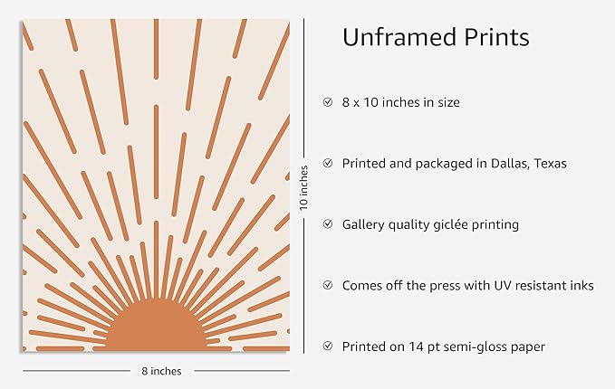 Y2K BOO Minimalist Sunburst UNFRAMED Wall Art Abstract Geometric Arch Earth Tones Terracotta Mid Century Modern 8x10 Inch Heavyweight Paper Boho Sunrise Studio Decor