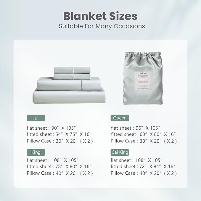 Sophia & William 1000 Thread Count Egyptian Cotton Sheets Full Size, 100 Percent Cotton Sheets Sateen Weave, 16" Deep Pockets, All-Season 4 Piece Silky Sheet - Smoky Grey