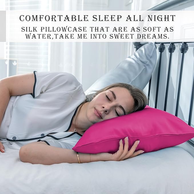 Mulberry Silk Pillowcase for Hair and Skin Pillow Case with Hidden Zipper Soft Breathable Smooth Cooling Silk Pillow Covers for Sleeping (Hot Pink, King,1Pcs)