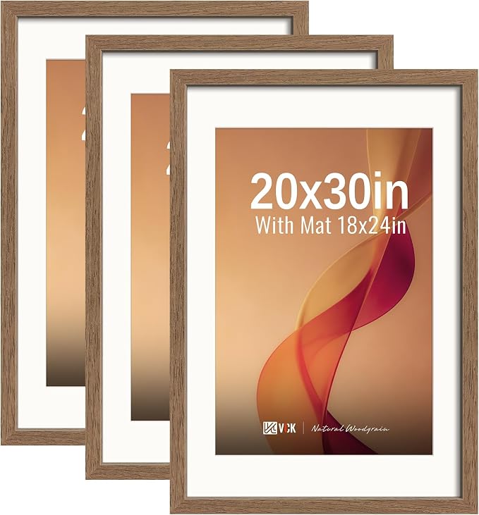 VCK 20x30 Poster Frames Walnut 3 Pack, Wide Border Wood, Display 20x30 Picture Photo with Mat or 18 x 24 Without, for Home, Office, Gallery, Woodgrain Series, Wall Hanging