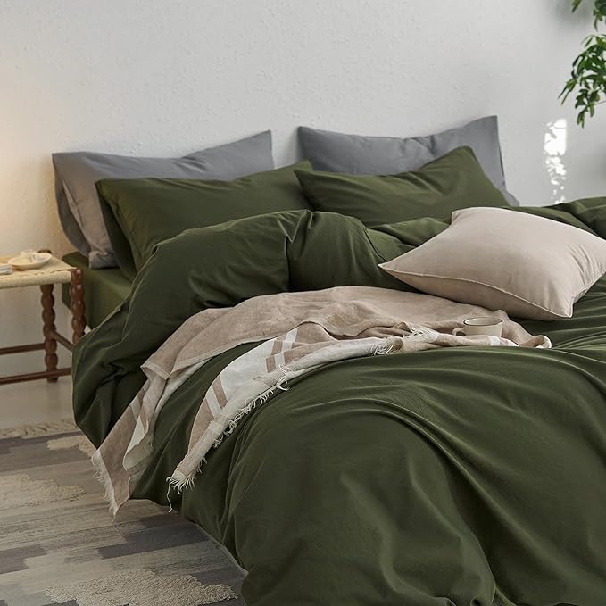 MooMee Twin Duvet Cover Set, 100% Washed Cotton Linen Like Twill Thick Sturdy Material Super Soft Breathable Durable Bedding for All Season, 2 Pieces (Olive Green, Twin 68"x90")