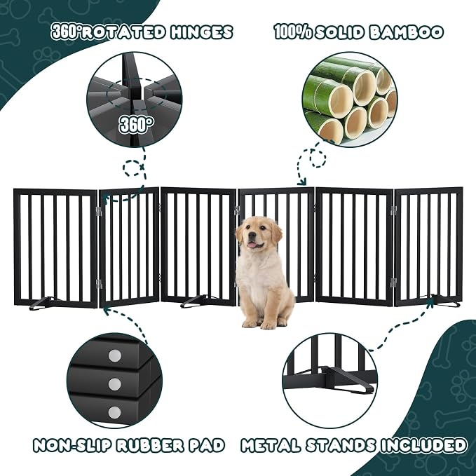 Semiocthome Wood Dog Gates for The House Extra Wide, 6-Panel Freestanding Pet Gates with 4PCS Metal Stands for Doorways and Stairs, 24" H Foldable Dog Fences Indoor, Expands Up to 110" (W)- Black