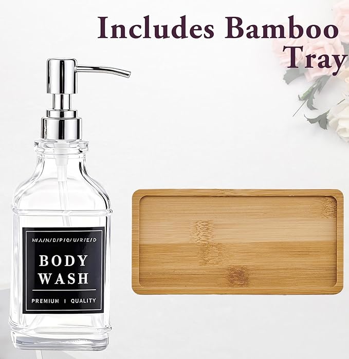 Glass Soap Dispenser with Pump,Tray,Funnel, Countertop Soap and Lotion Dispenser Set of 2 with 60 Stickers, Dish and Hand Soap Dispenser Bottle for Kitchen,Bathroom,Shower, 500ml/16.9oz