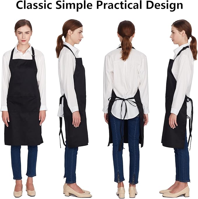Jubatus 1 Pack 100% Cotton Aprons with 2 Pockets Cooking Chef Kitchen Adjustable Bib Apron for Women Men, Black