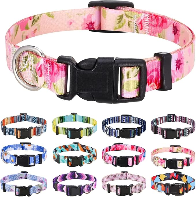 Mihqy Dog Collar with Bohemia Floral Tribal Geometric Patterns - Soft Ethnic Style Collar Adjustable for Small Medium Large Dogs (Pink Rose, S)