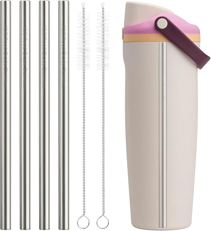Metal Straw Replacement Compatible with Owala FreeSip Sway 30oz Bottles, 4 Reusable Stainless Steel Straws & 2 Cleaning Brushes, 8.27" for Smooth Drinking