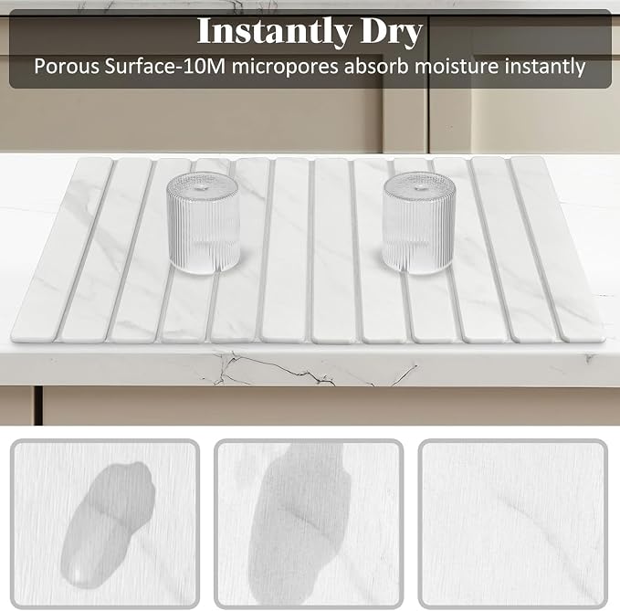 2 PCS Extra Large Stone Dish Drying Mats for Kitchen Counter, 28"(L)×16"(W) Dish Drying Mat with 8"x 4" Coasters, Eco-Friendly Diatomite Dish Drying Mat - Fits All Countertops - White Marble