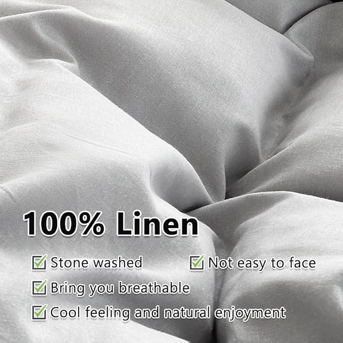 100% French Flax Linen Duvet Cover Set Queen, 3-Piece Soft Breathable Cooling Bedding for Hot Sleepers, Natural Washed Linen with Zipper Closure & 8 Corner Ties (Queen, Grey)