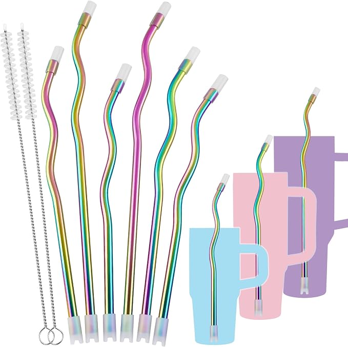 NiHome 6-Pack Wavy Iridescent Stainless Steel Straws with Silicone Tips, Bases & 2 Cleaning Brushes, 3 Sizes 9.25", 10.24" & 12.2", Reusable Metal Straws Fit for Stanley 30oz/40oz Tumblers, Cups