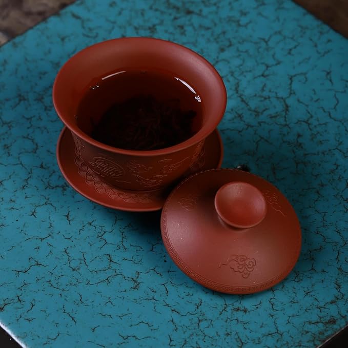 Yixing Clay Zisha Gaiwan 5 Oz/150ml,Chinese Kungfu Tea Bowl Cup,Blooming and Loose Leaf Tea Cup Set -Red Clay