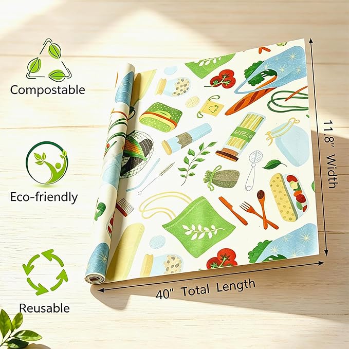 Reusable Beeswax Food Wraps, 12 x 40 Inch Organic Cotton Beeswax Wraps, Plastic-Free Eco Friendly Food Storage Sheets for Kitchen, Bread, Cheese, Fruits and Sandwiches