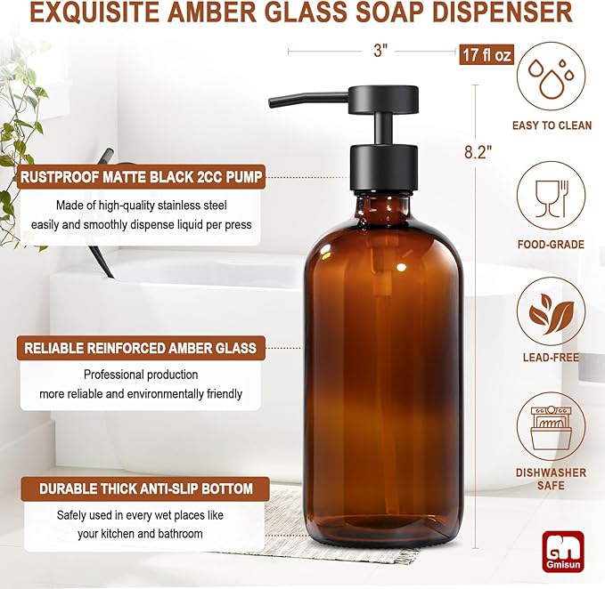 GMISUN Amber Glass Soap Dispenser, 1 Pack Dish Soap Dispensers for Kitchen with Rustproof Stainless Steel Pump, 17 Fl Oz Bathroom Hand Soap Dispenser, Brown Liquid Dishwashing Dispensers Bottle