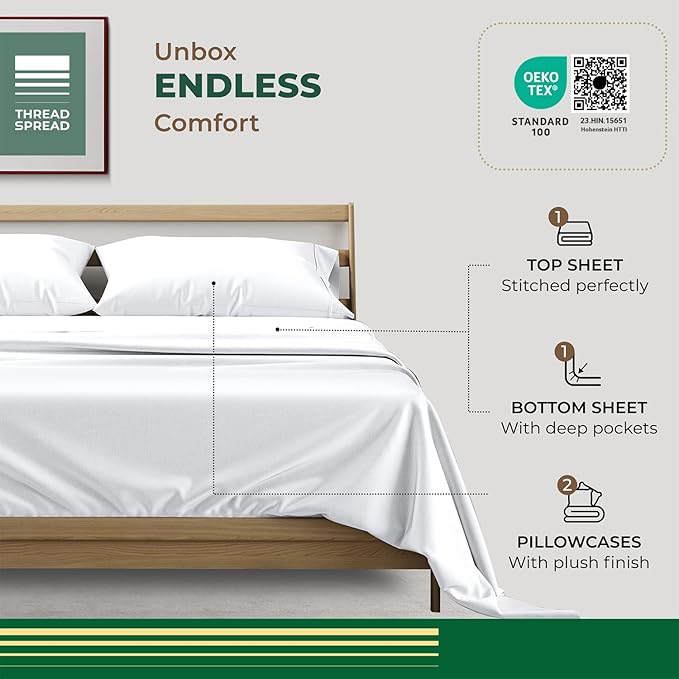 THREAD SPREAD 100% Organic Cotton Sheets - Organic Cotton Percale Weave Sheet Set, Soft, Cooling, Crisp & Breathable, 16" Deep Pocket Hotel Quality Bedding Set - 4 PC, King White