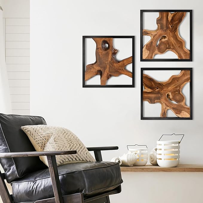 JOLLYMER Live Edge Teak Wood Wall Decor, Rustic Wooden Wall Art, Handcrafted Home Decoration for Living Room Bedroom Office, 17"x17" Black Frame