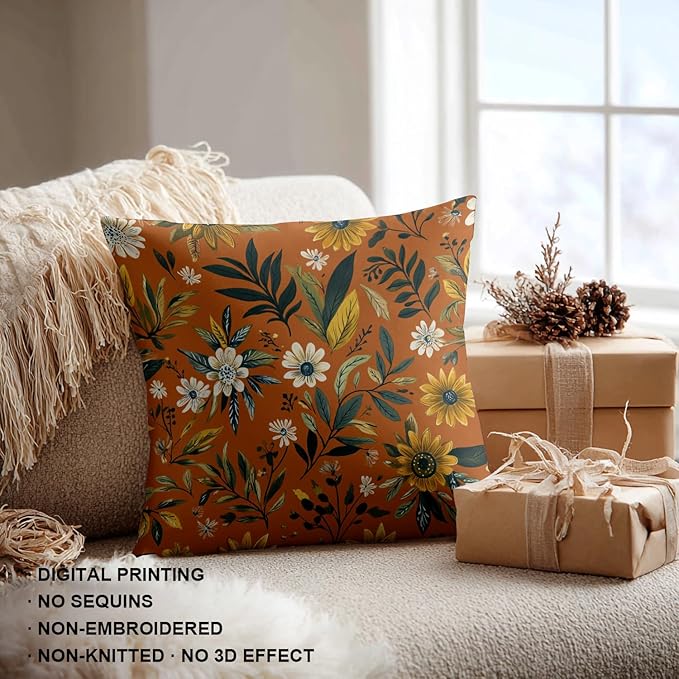 Shrahala Natural Aesthetic Organic Decorative Couch Cover, Free Form Flowers Earthy Color Square Throw Pillows Blended Double-Sided No Inserts for Bedroom Living Room Set of 2 (18 X 18 in)