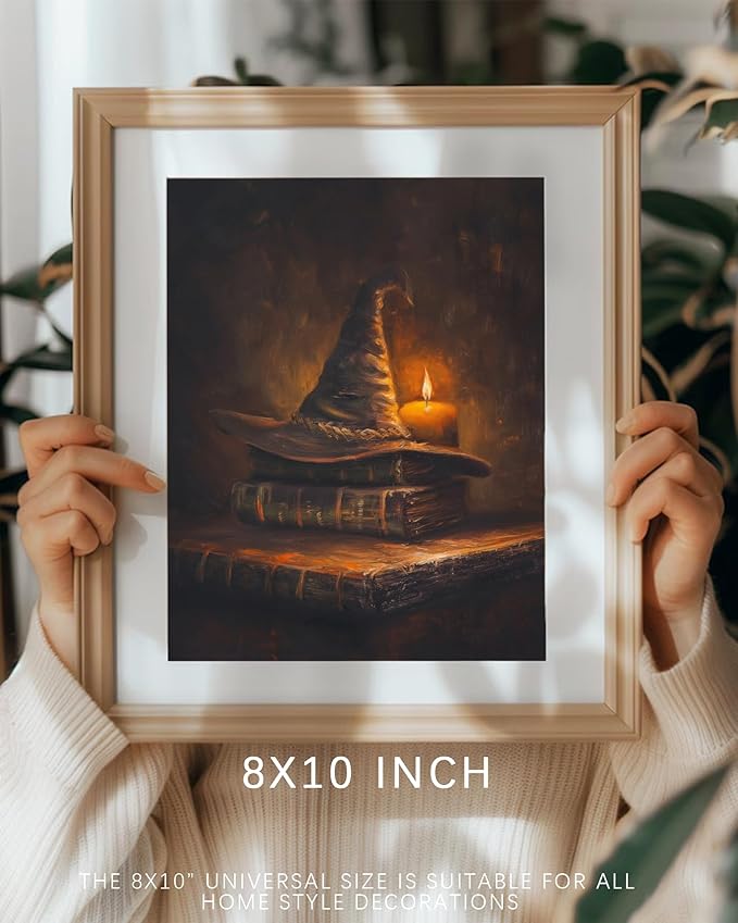 Retro Halloween Witch Hat with Magic Book Wall Art: Gloomy Witch Hat and Old book Horror Canvas Poster Suitable for Halloween Wall Decorations Dark Academic Style Witch Spell Book Print Suitable for Galleries, Living Rooms, Bedrooms (Frameless 8x10 inc...