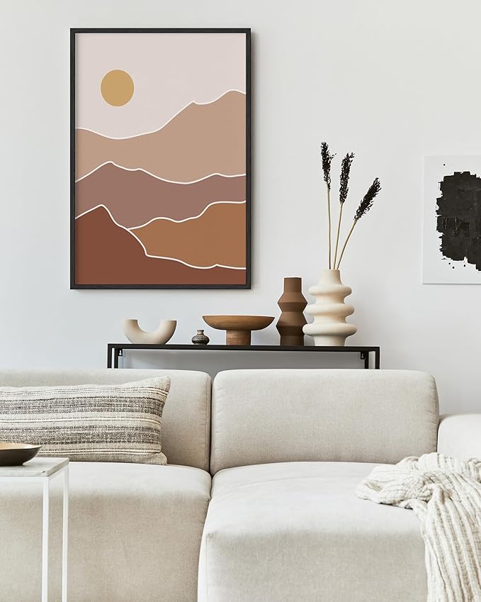 Abstract Mountain Landscape Wall Art Sun Rolling Hills Earth Tones Terracotta Mid Century Modern 24x36 Inch Oak Wood Black Framed Minimalist Scenery Print for Nursery Decor