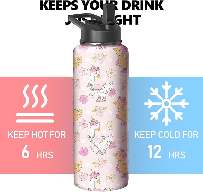 40oz Pink Duck Water Bottle with Handle and Flip Straw, Animal Sports Stainless Steel Insulated Cup Travel Coffee Mug Tumbler, Birthday Mothers Day Chritmas Gifts for Women