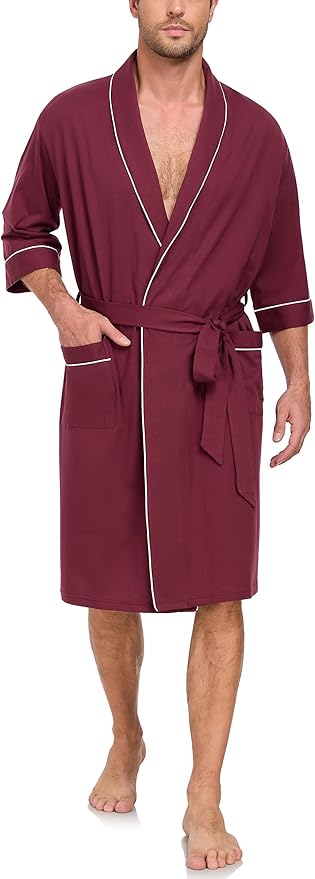 COLORFULLEAF 100% Cotton Men’s Summer Bathrobe Lightweight & Breathable Short Sleeve Kimono Robe with Pockets