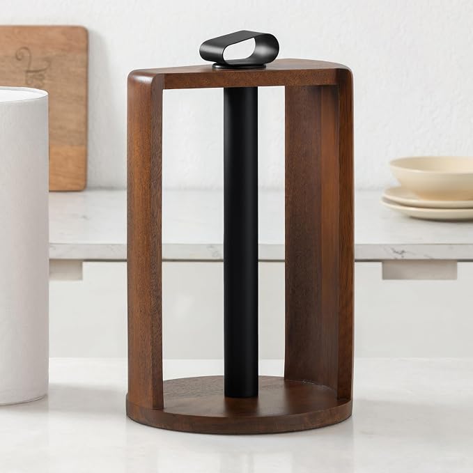 Anji Mountain Wooden Paper Towel Holder with Iron Holder, Holder Stand for Kitchen Roll Organizer & Kitchen Dining Table Home Décor, Countertop Fits Jumbo & Mega Rolls - Walnut/Black, Top Load