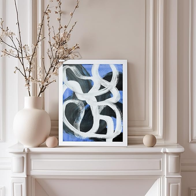 Monem Art Bold Blue Brushstroke Abstract Print - Modern Textured Line Art Poster - Wall Decor for Living Room, Bedroom or Office - 12x16 White Framed Wall Art by Mareike Bohmer