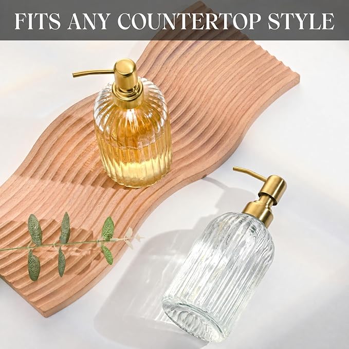 2 Pack Clear Glass Hand Soap Dispenser Set 18oz Bottle with Golden 304 Rustproof Stainless Steel Pump for Kitchen and Bathroom