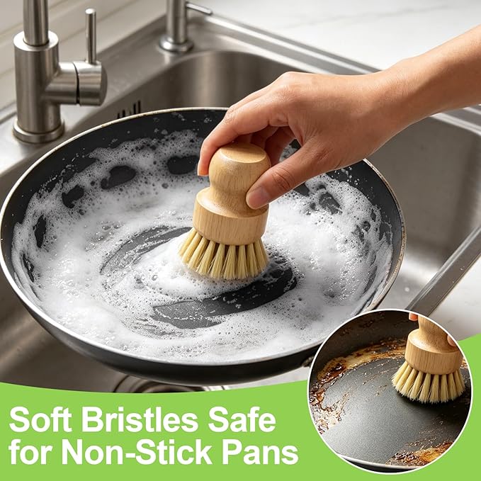 Bamboo Dish Brush Set with Holder, 2 Sisal Dish Brushes & 1 Palm Scrub Brush, Natural Kitchen Scrub Brush for Dishes, Pots, Pans, Sink