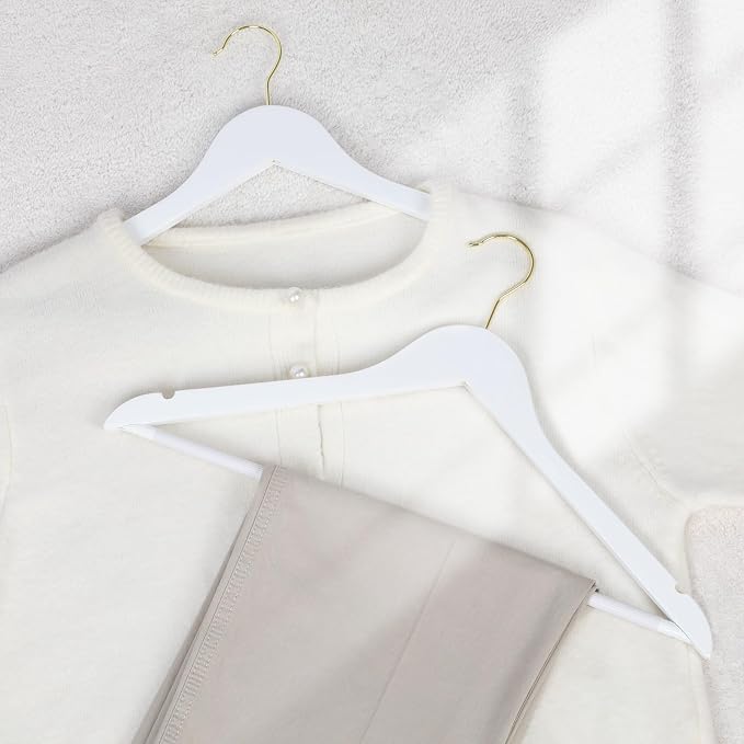 TOPIA HANGER Wooden Hangers 30 Pack, White Wood Coat Hanger with 360° Swivel Gold Hook, Non Slip Pants Bar and Shoulder Notches for Camisole, Jacket, Pants, Smooth Finish Clothes Hangers -CT34WG30