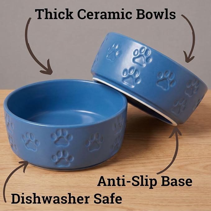 Ceramic Dog Bowl Set of 2 with Anti-Skid Base - 5.5" Wide x 2" Tall Ceramic Dog Bowls for Small Dogs - 2 Cup Capacity Food and Water Bowls for Dogs - Rubber Bottom Pet Bowl Set of 2 for Small Pets