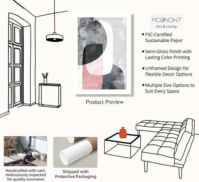 Moonow7 Abstract Poster Prints, Soft Grey and Blush Pink Wall Art for Bedroom, Living Room, Hallway, and Kitchen Decor, Minimalist Contemporary Style, Unframed Size A3 / 29.7x42 cm