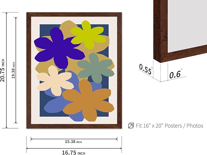 Monem Art Colorful Abstract Floral Shapes Print - Modern Minimalist Flower Art Poster - Wall Decor for Living Room, Bedroom or Office - 16x20 Brown Framed Wall Art by Rs Lab Studio