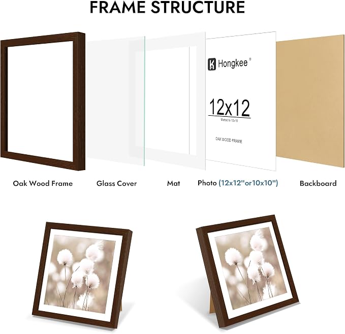 Hongkee 12x12 Oak Wood Picture Frame 1 Pack(Matted 10x10), Real Glass Cover | Walnut, 10 x 10 Solid Wood Frame for Wall or Tabletop Display - Includes Easel Back, Vertical Hang - Ideal for Home, Office