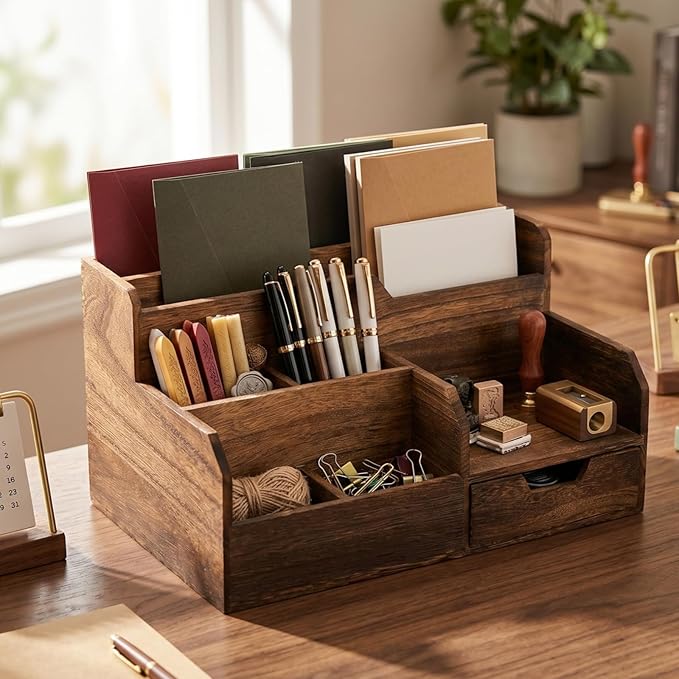 Pumtus Brown Wooden Desk Organizer, Mail Organizer with 7 Compartments and Drawer, Rustic Mail Sorter with Pen Holder, Tabletop Mail Basket, Office Accessories Holder for File Letter Document