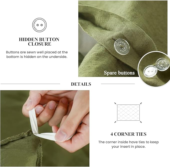 Simple&Opulence 100% Linen Duvet Cover Set, 3 PCS Natural French Flax Olive Green Duvet Cover King Size, Breathable Soft Comfy Linen Bedding Comforter Cover with 2 Pillowcases(Olive Green, 104"x92")