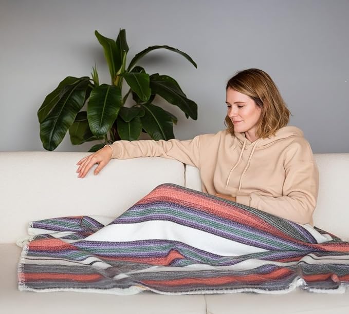 Alpaca Wool Throw Blanket | Ultra Soft, Lightweight, Warm, Breathable, Non-Itchy | Classic, Elegant-Minimalist Design for Bed, Couch, Travel, or Gift | 64" L x 45" W (Fire Tones)