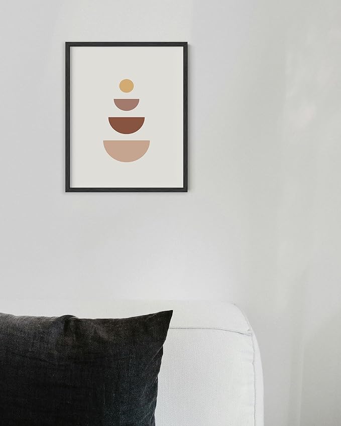 Minimalist Geometric Wall Art Stacked Semi-Circle Shapes Earth Tones Terracotta Brown Mid Century Modern 8x10 Inch Oak Wood Black Framed Abstract Print for Office
