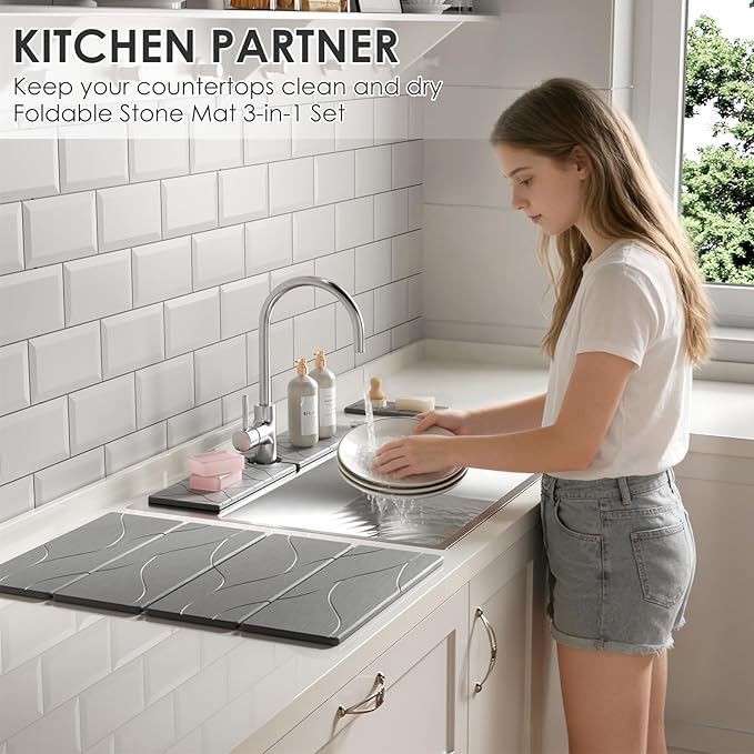 3 PCS Large Stone Dish Drying Mat for Kitchen Counter -24"x16" Absorbent Diatomaceous Earth Mat with Stone Faucet Mat & Soap Tray - Quick Dry, Collapsible, Non-Slip Countertop Organizer