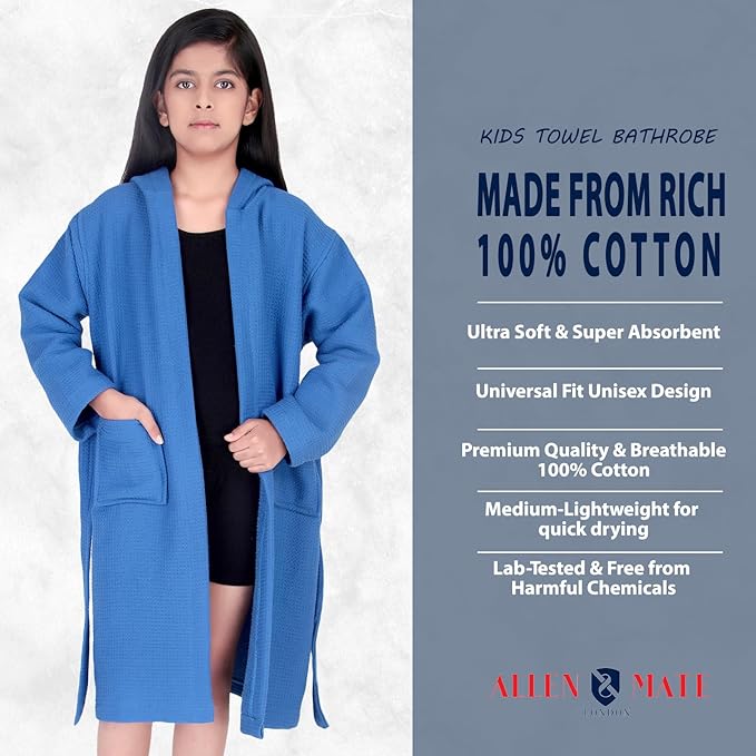 ALLEN & MATE 100% Cotton Waffle Terry Towel Hooded Kids Bathrobe – Soft Absorbent Medium Weight Swim Robe for Boys & Girls