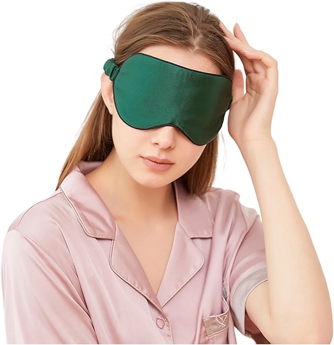 100% Mulberry Silk Sleep Mask for Women/Men Airplane Travel, Pure 22 Momme Silk Eye Mask Blackout for Sleeping, Ajustable, Luxury, Anti Wrinkle, Anti Aging Silk Blindfold, Made in USA (Emerald Green)