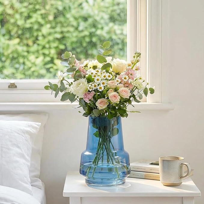 Relexome Blue Glass Flower Vase for Centerpieces Bouquet Flowers Modern Wide Mouth Glass Vase Decorative Bud Vases for Home Decor, Living Room, Kitchen, Dining Table, Entryway 7.3 Inch