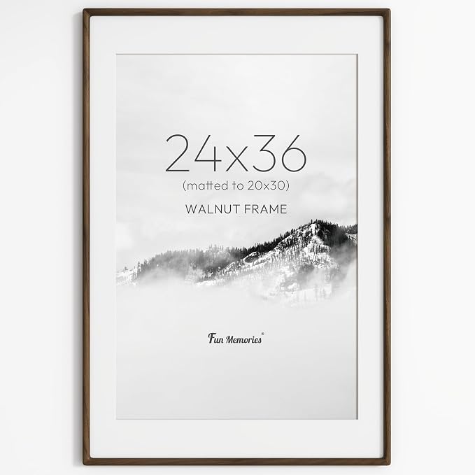 24x36 Poster Frame, USA-Sourced Walnut Wood Picture Frame Wall Mounted, 24x36 Poster Frame with Real Glass, 24" x 36" Picture Frame Matted to 20x30 Photo for Wall Decoration, 1 Pack