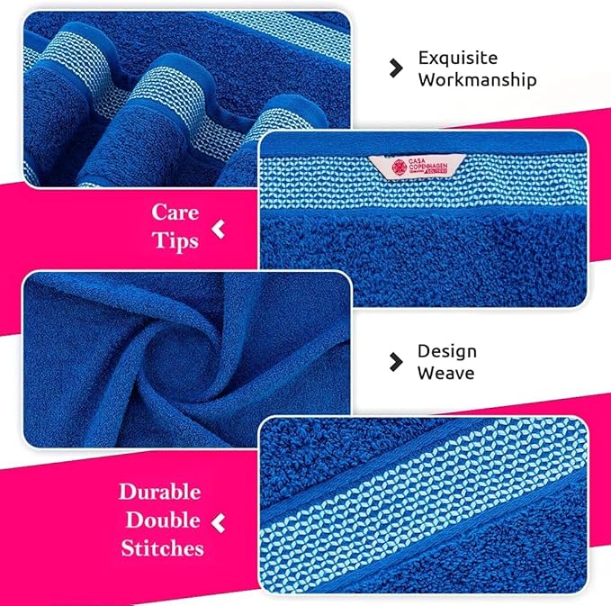 CASA COPENHAGEN Solitaire 6Pcs 100% Egyptian Cotton Large Designer Towels Gift Set- Bright Blue, 600GSM, 2Bath 2Hand 2Washcloths, Bath Towels for Bathroom Set for Women & Men