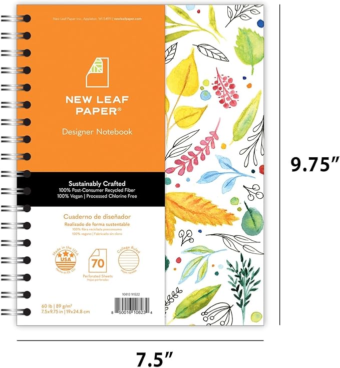 Small Spiral Bound Recycled Notebook, Leaves Design, 9.75" x 7.5", 70 Sheets, Double-Wire, College Ruled, Vegan, Made in USA