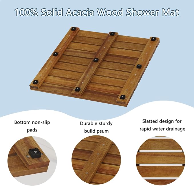 19.7"x19.7"Solid Acacia Wood Shower Mat, Non Slip Wooden Bath Mat, Indoor Outdoor Entryway Door Mat Multi-Purpose Plant Stand for Shower Bathtub Pool Spa Garden (Medium)