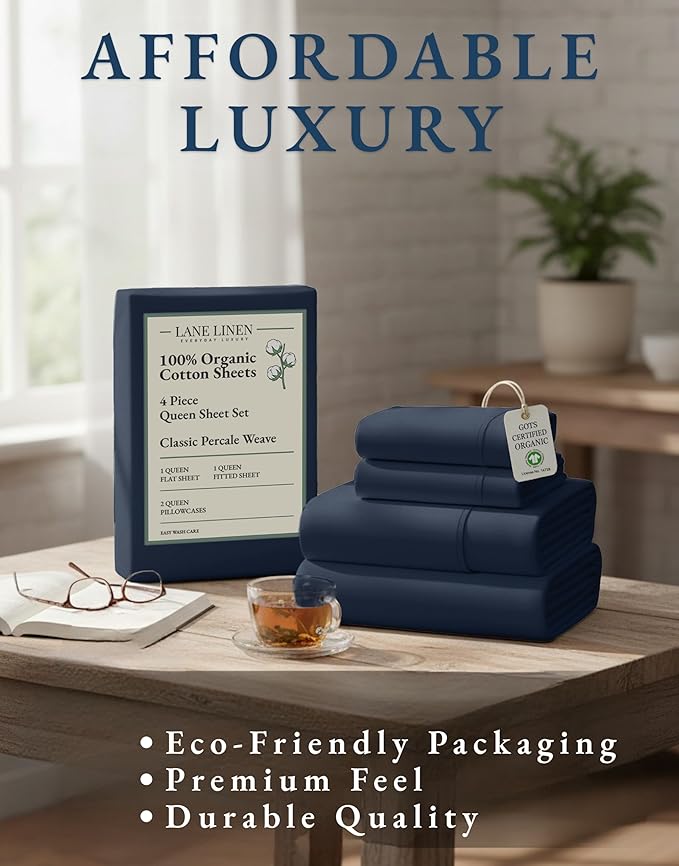 LANE LINEN Eco Friendly 100% Organic Cotton Bed Sheets Queen Size, Soft & Comfy Percale Weave, Fully Elasticized Mercerized Naturally Cooling Cotton Sheets Queen Size Set- Navy