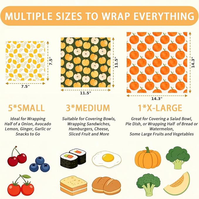 Reusable Beeswax Wraps, 9 Pack Sandwich, Snack, Food Preservation, Organic, Sustainable, Zero Waste, Plastic-Free Storage, 1XL, 3M, 5S, Orange Apple Lemon Fruit Patterns