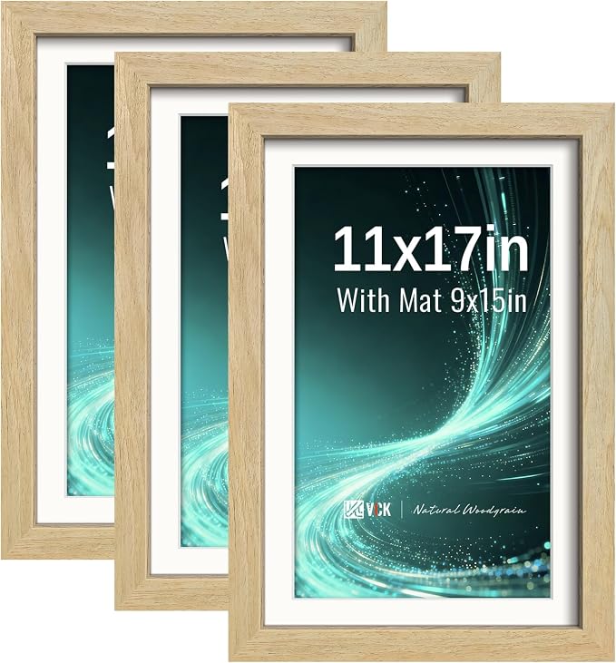 VCK 11x17 Picture Frames Natural - 3 Pack, Wide Border Solid Wood, Tempered Glass, Display 9x15 Photo with Mat or 11 x 17 Without, for Home, Office, Gallery, Woodgrain Series, Wall Hanging