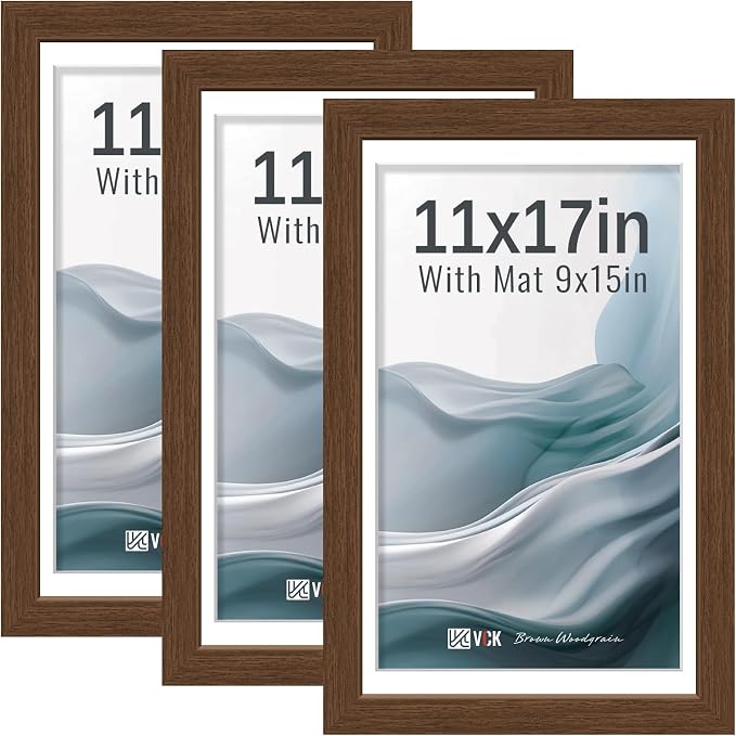 VCK 11x17 Picture Frames Brown 3 Pack, Wide Border Wood, Tempered Glass, Display 9x15 Photo with Mat or 11 x 17 without, for Home, Office, Gallery, Woodgrain Series, Wall Hanging