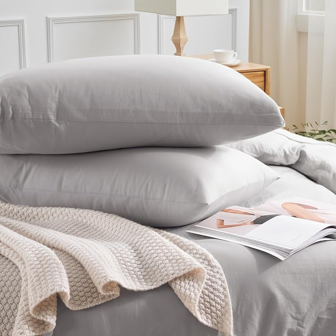 NEXHOME PRO Duvet Cover Set Kids Twin Size Linen Feel Textured Organic Natural 100% Washed Cotton Duvet Cover 2 Pieces Bedding Set with Zipper Closure, Breathable, Soft, Light Grey (No Comforter)